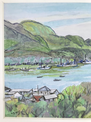 Japanese Seaside Village Pastel Drawing Original Signed Yoshihiro Hagino FL295