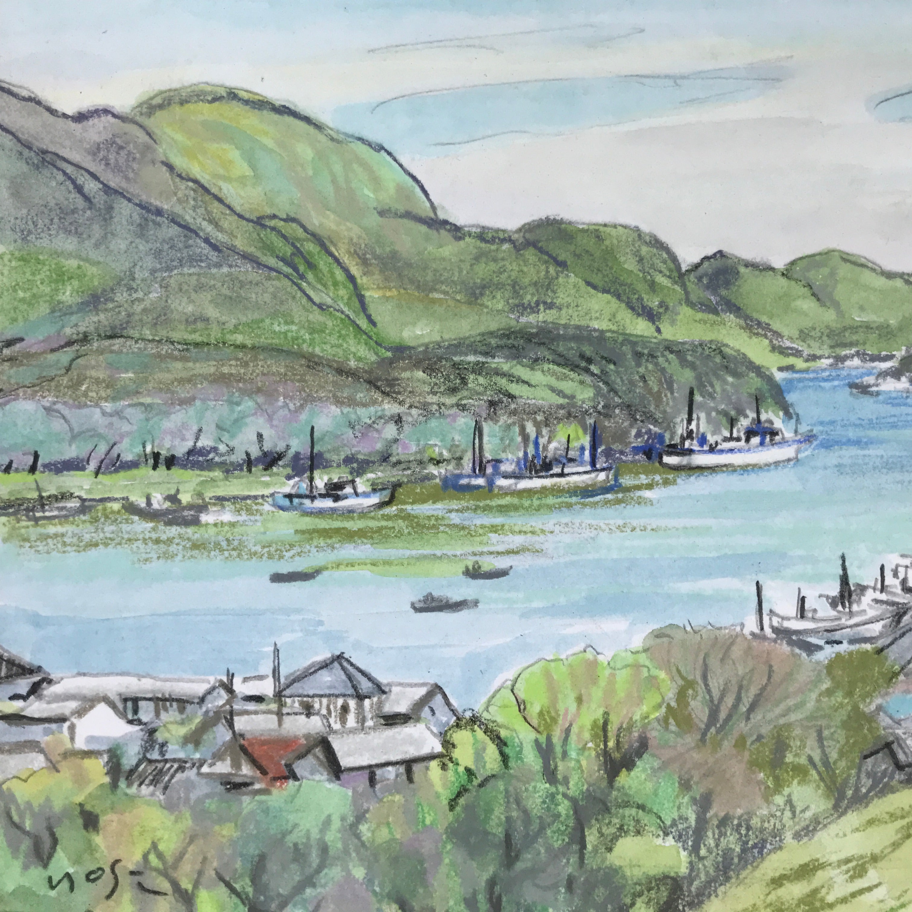 Japanese Seaside Village Pastel Drawing Original Signed Yoshihiro Hagino FL295