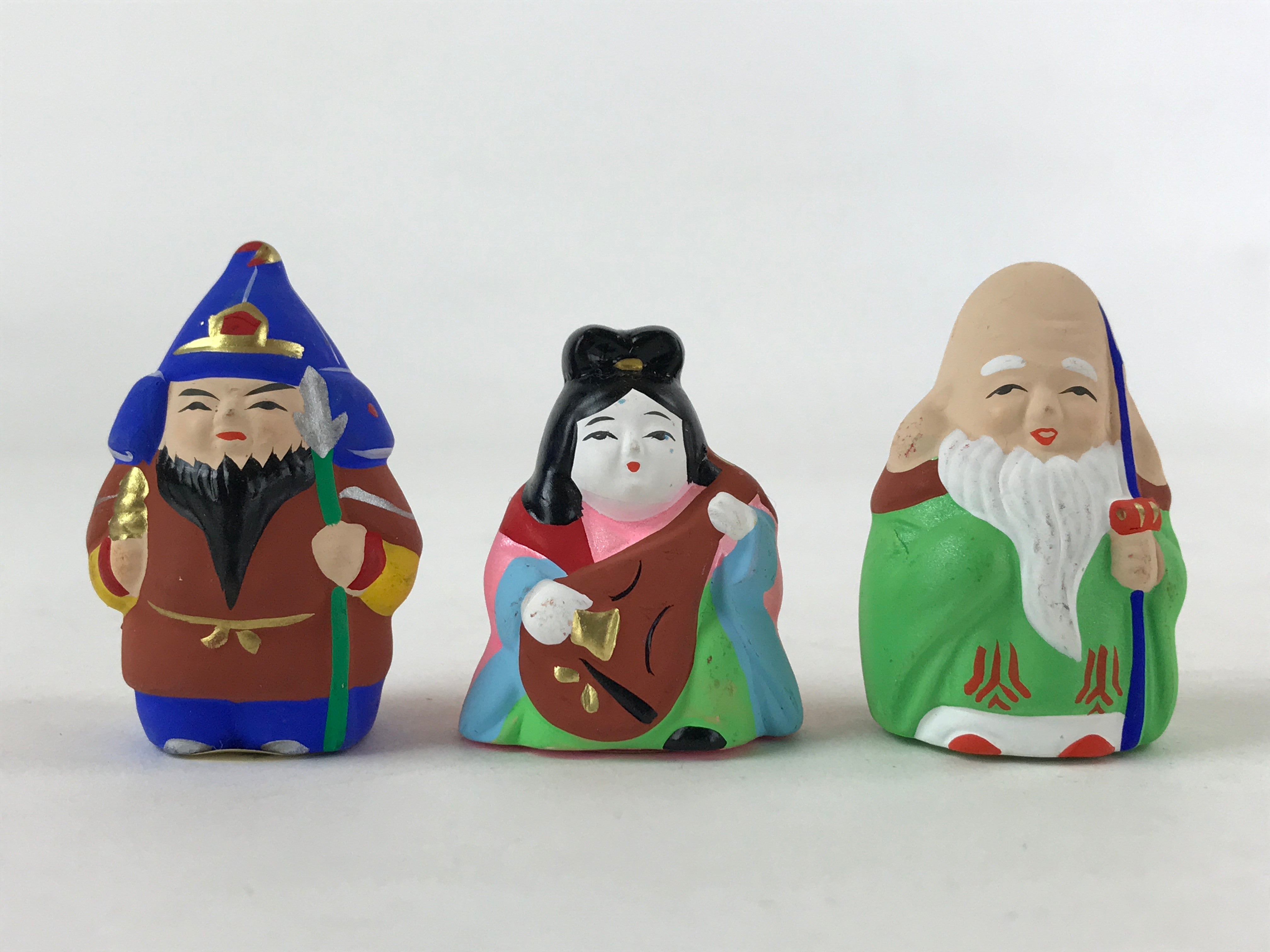 Japanese Seven Lucky Gods Painted Clay Dolls Set Vtg Decoration