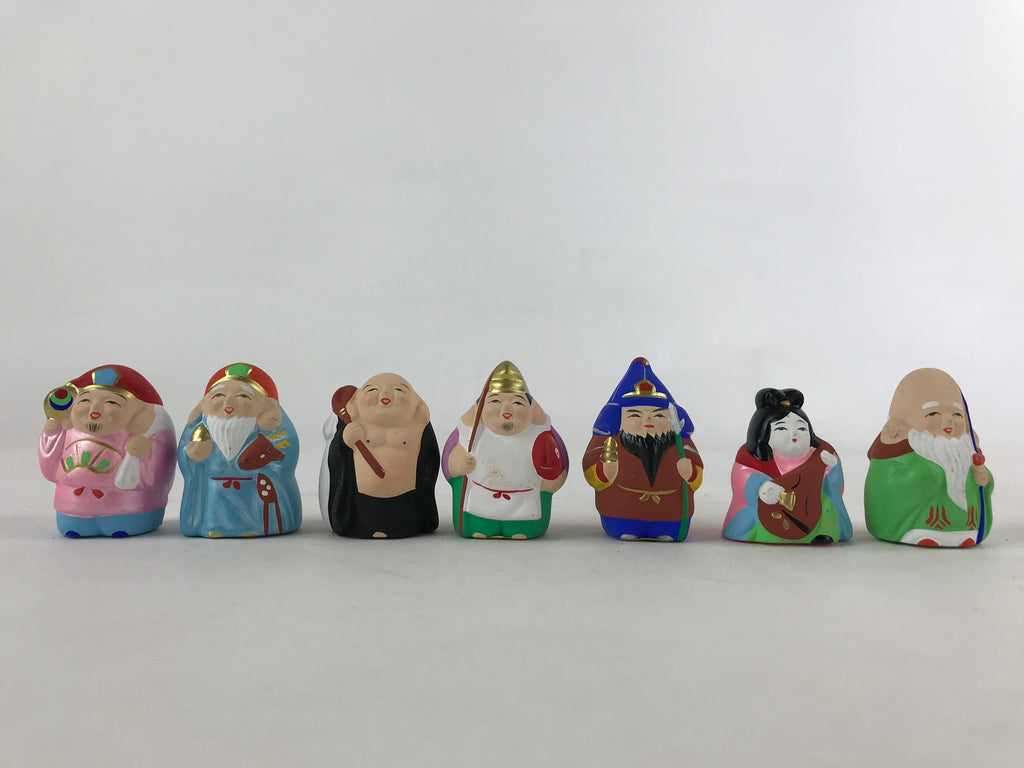 Japanese Seven Lucky Gods Painted Clay Dolls Set Vtg Decoration Wood Box BD935