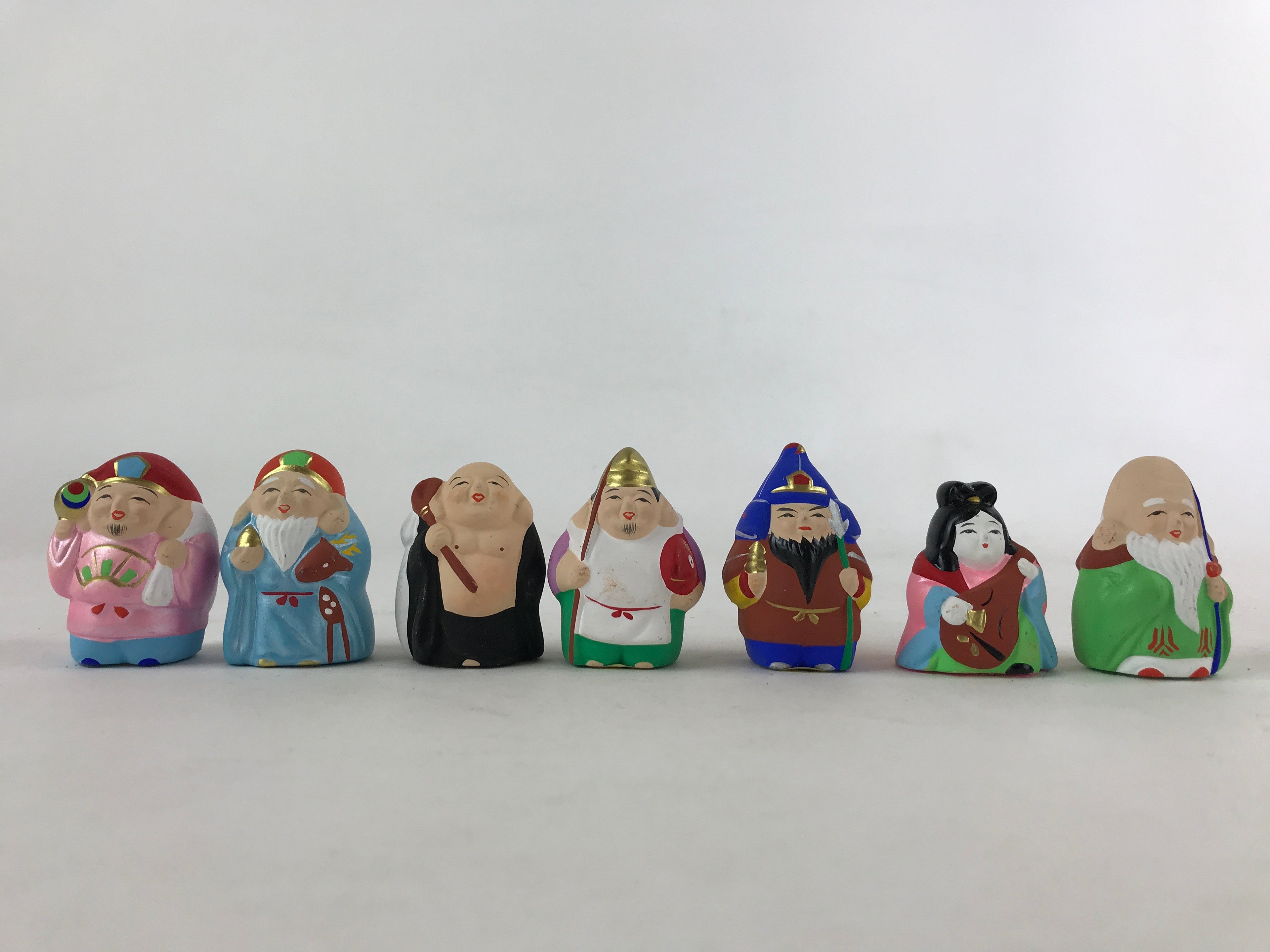 Japanese Seven Lucky Gods Painted Clay Dolls Set Vtg Decoration Wood Box BD935