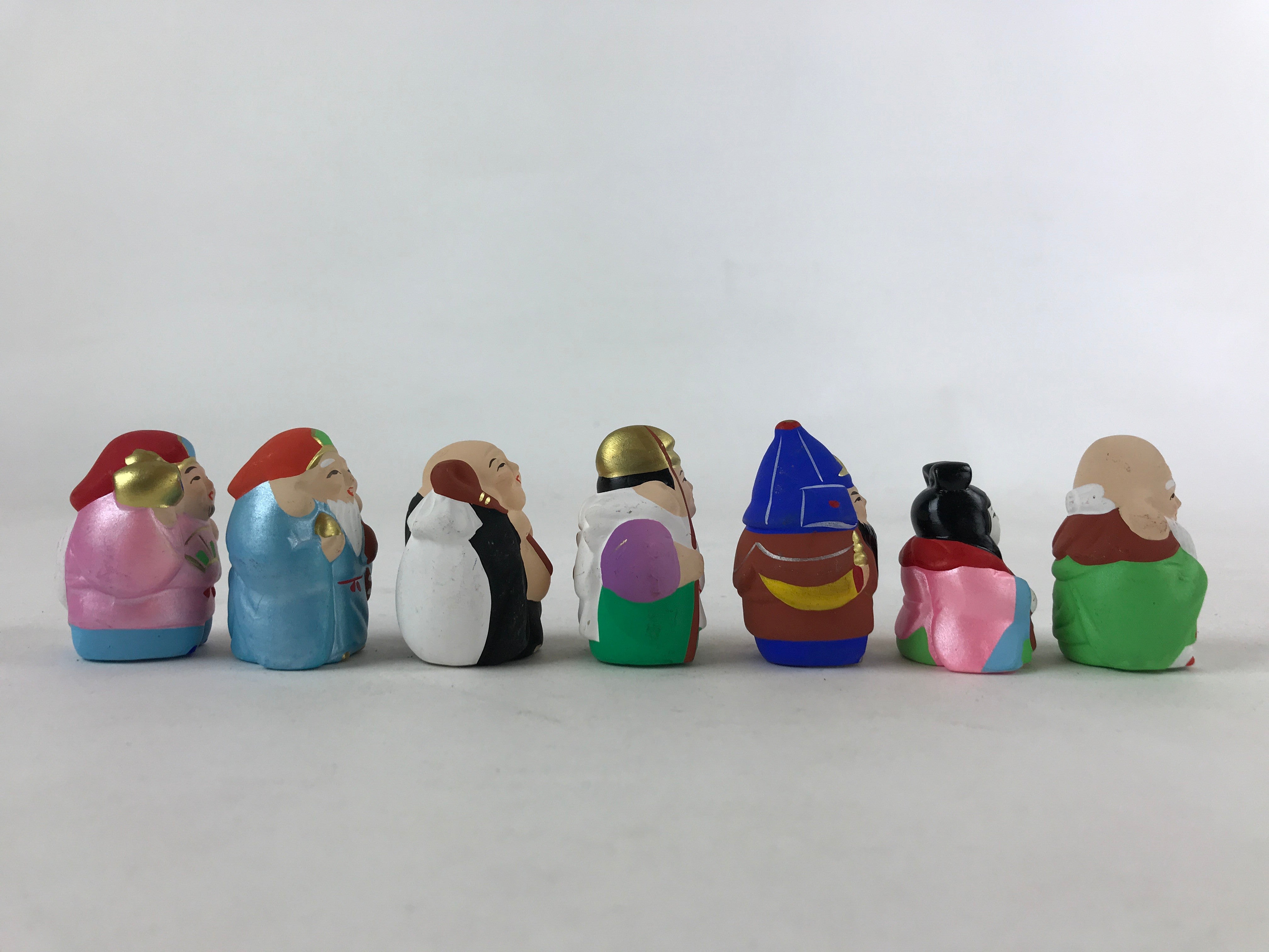 Japanese Seven Lucky Gods Painted Clay Dolls Set Vtg Decoration