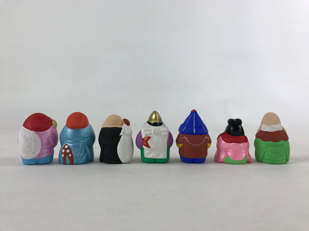 Japanese Seven Lucky Gods Painted Clay Dolls Set Vtg Decoration Wood Box BD935