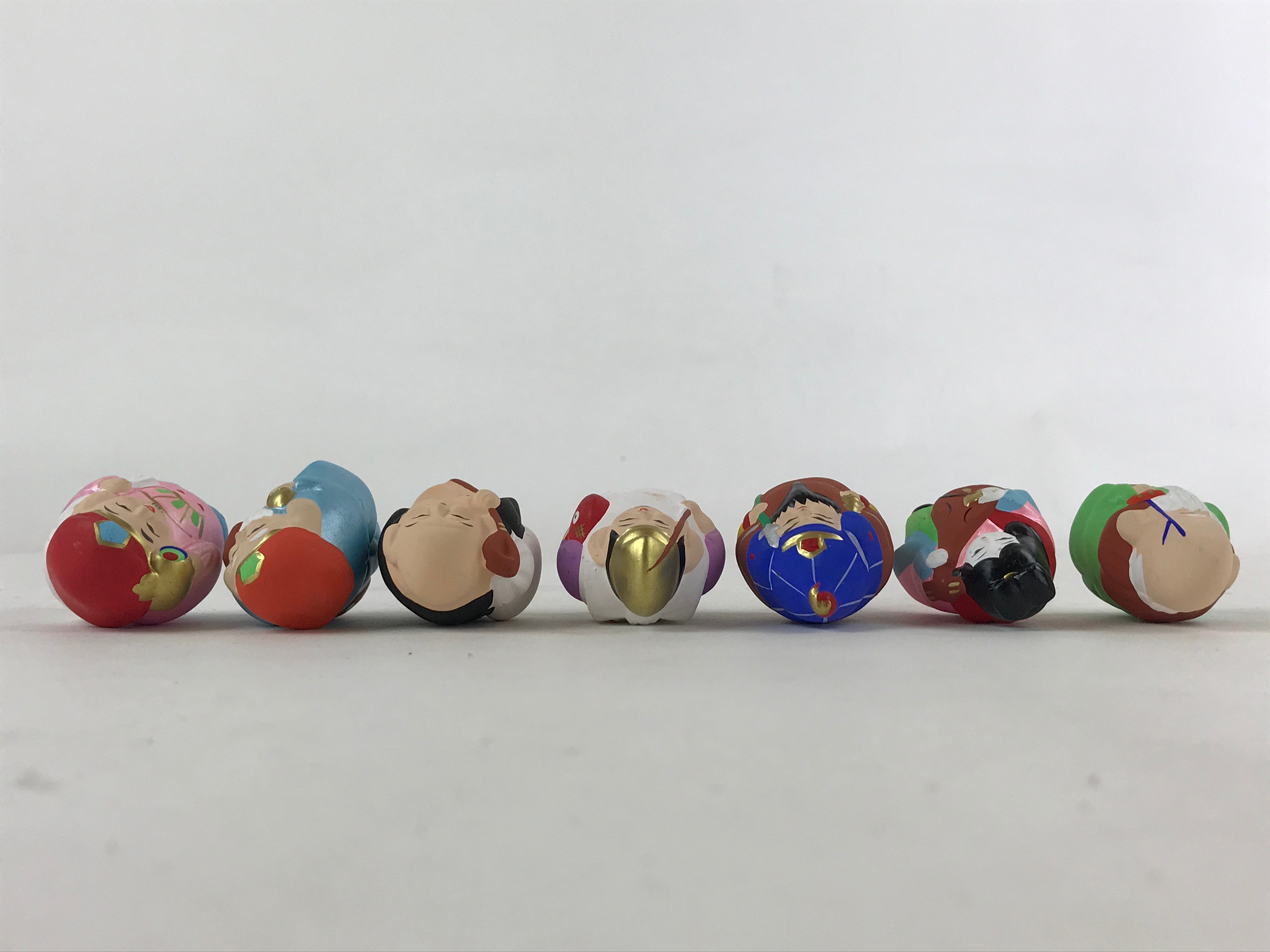 Japanese Seven Lucky Gods Painted Clay Dolls Set Vtg Decoration