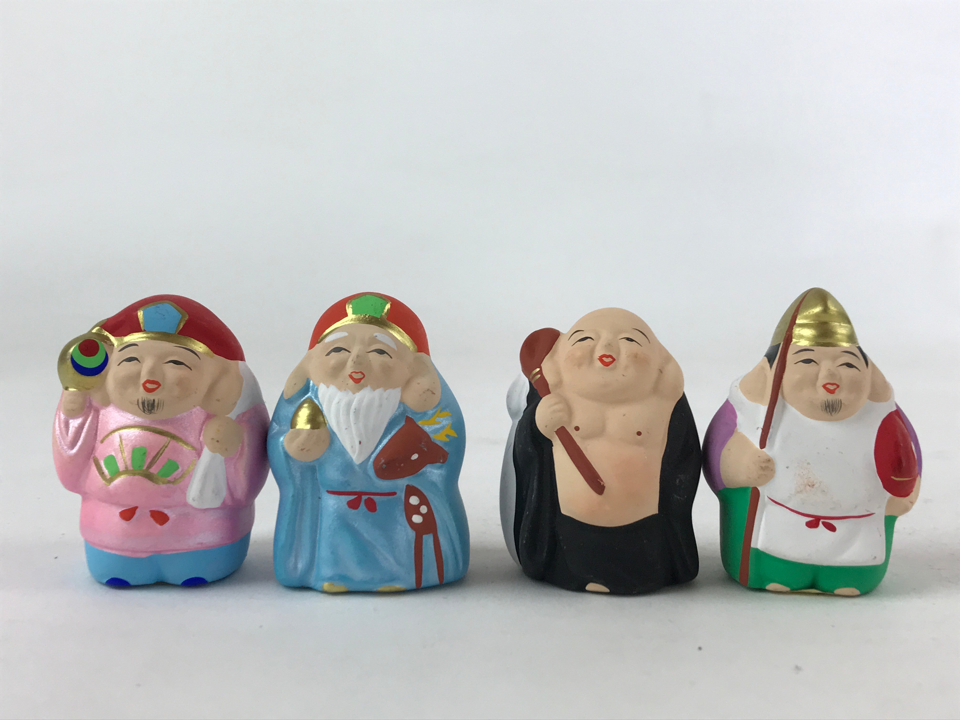 Japanese Seven Lucky Gods Painted Clay Dolls Set Vtg Decoration