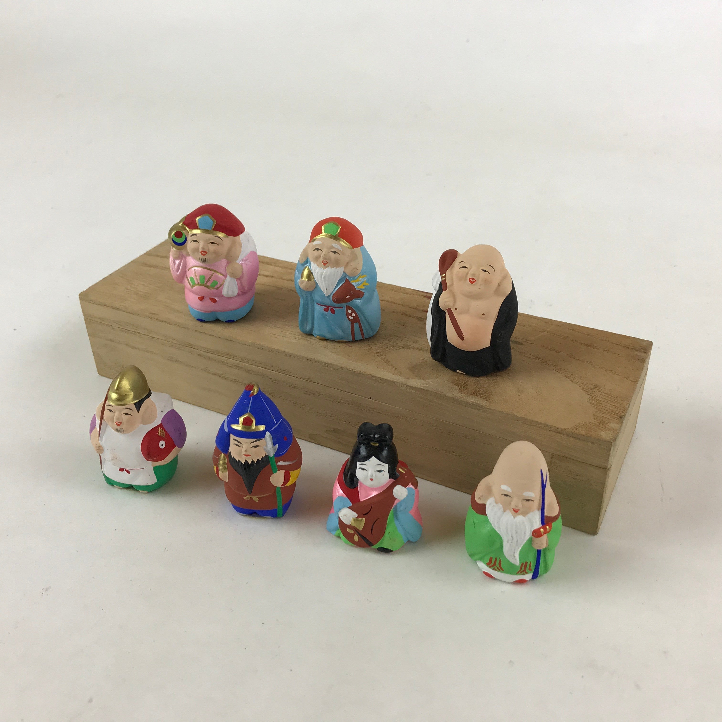 Japanese Seven Lucky Gods Painted Clay Dolls Set Vtg Decoration