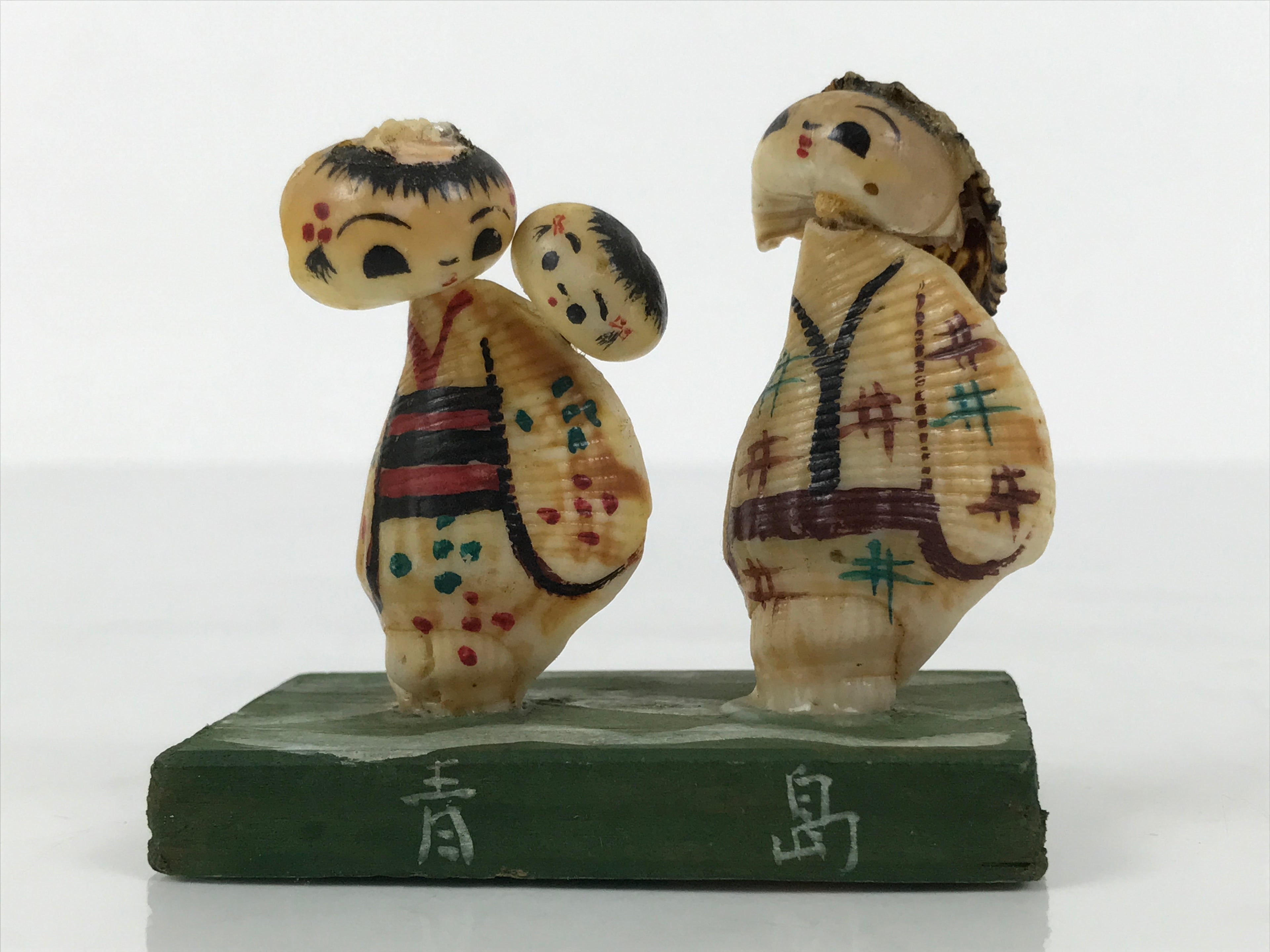 Japanese Shell Kokeshi Doll Vtg Family Kimono Figurine Folk Craft Aoshima KF827