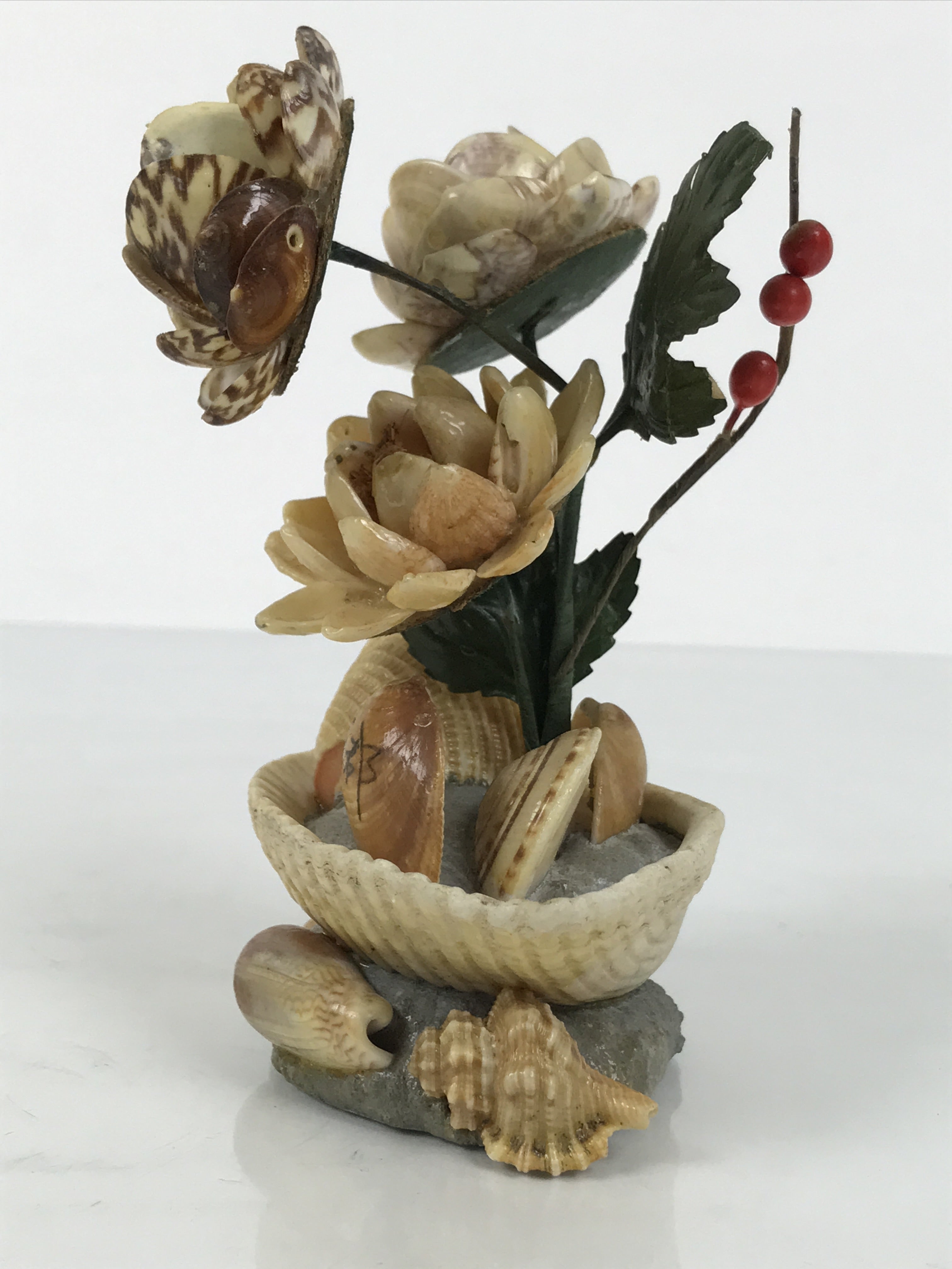 Japanese Shell Kokeshi Doll Vtg Flower Pot Figurine Gamagori Brown Leaf KF804