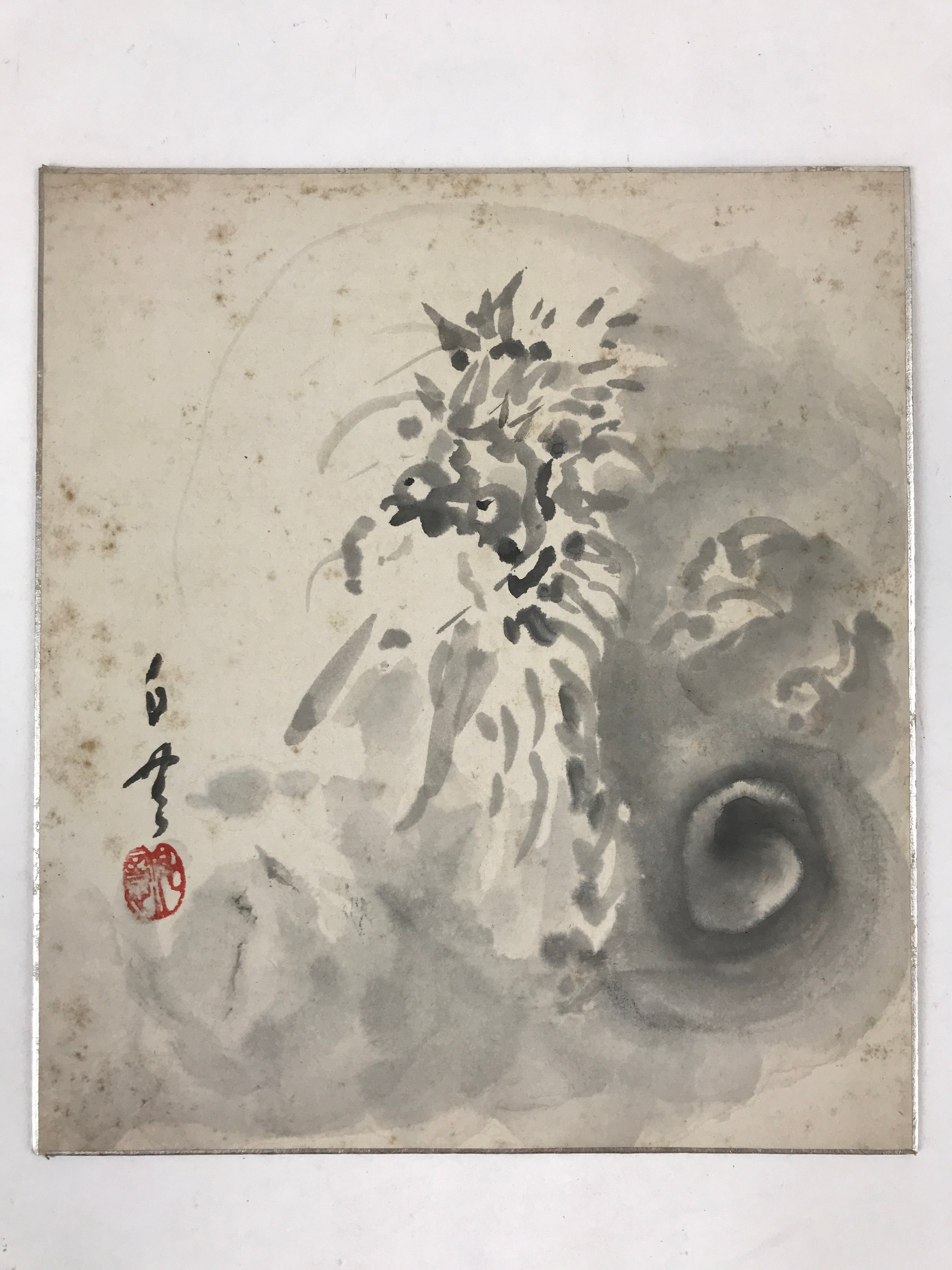 Japanese Shikishi Art Board Dragon Painting Gray Monochrome Painting Signed A547