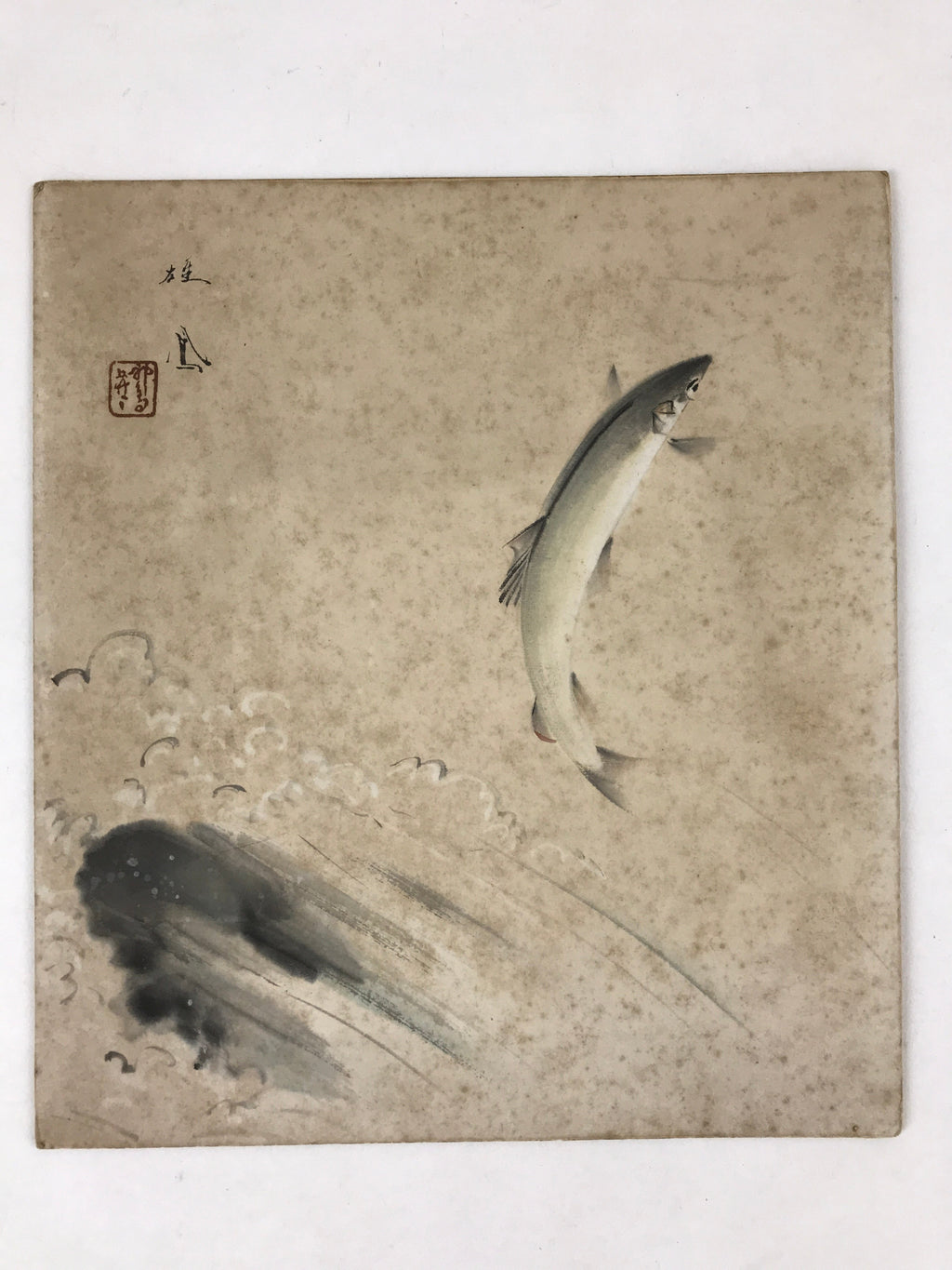Japanese Shikishi Art Board Jumping Fish Vtg Gray Rapids River Painting A545
