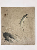 Japanese Shikishi Art Board Jumping Fish Vtg Gray Rapids River Painting A545