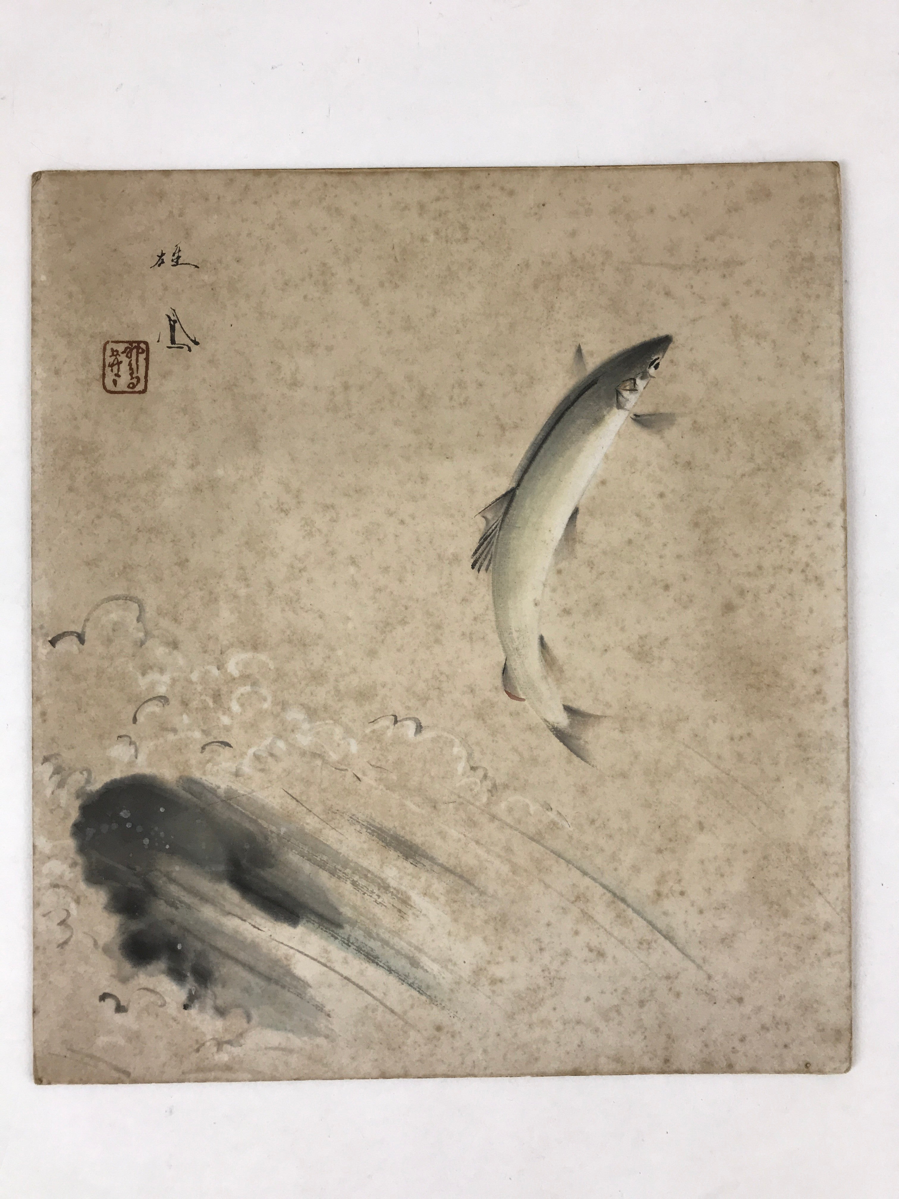 Japanese Shikishi Art Board Jumping Fish Vtg Gray Rapids River Painting A545