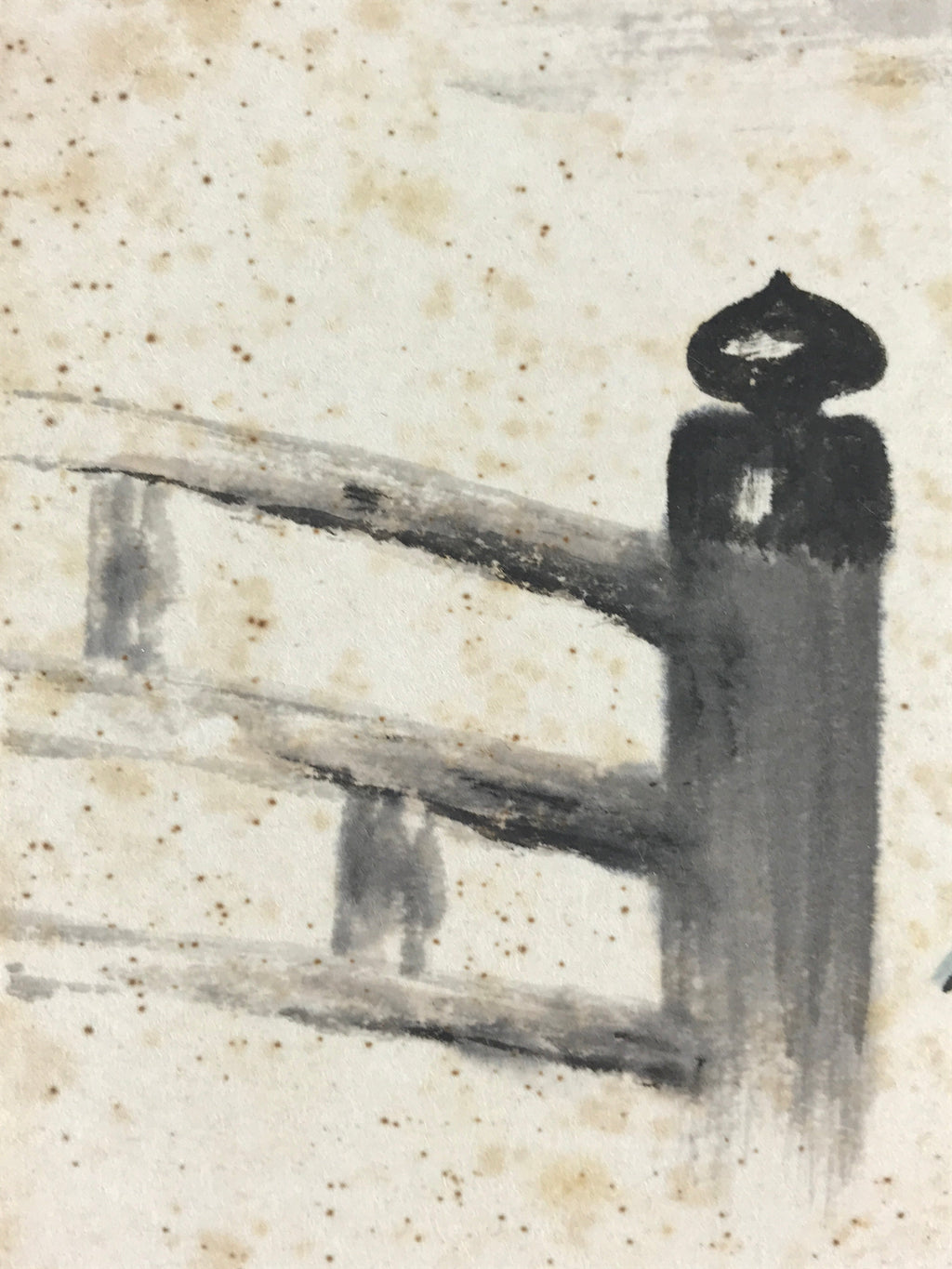 Japanese Shikishi Art Board Man Carrying Bell Vtg Bridge Mountain Ink A538
