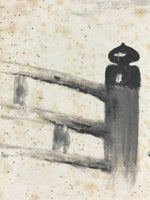 Japanese Shikishi Art Board Man Carrying Bell Vtg Bridge Mountain Ink A538