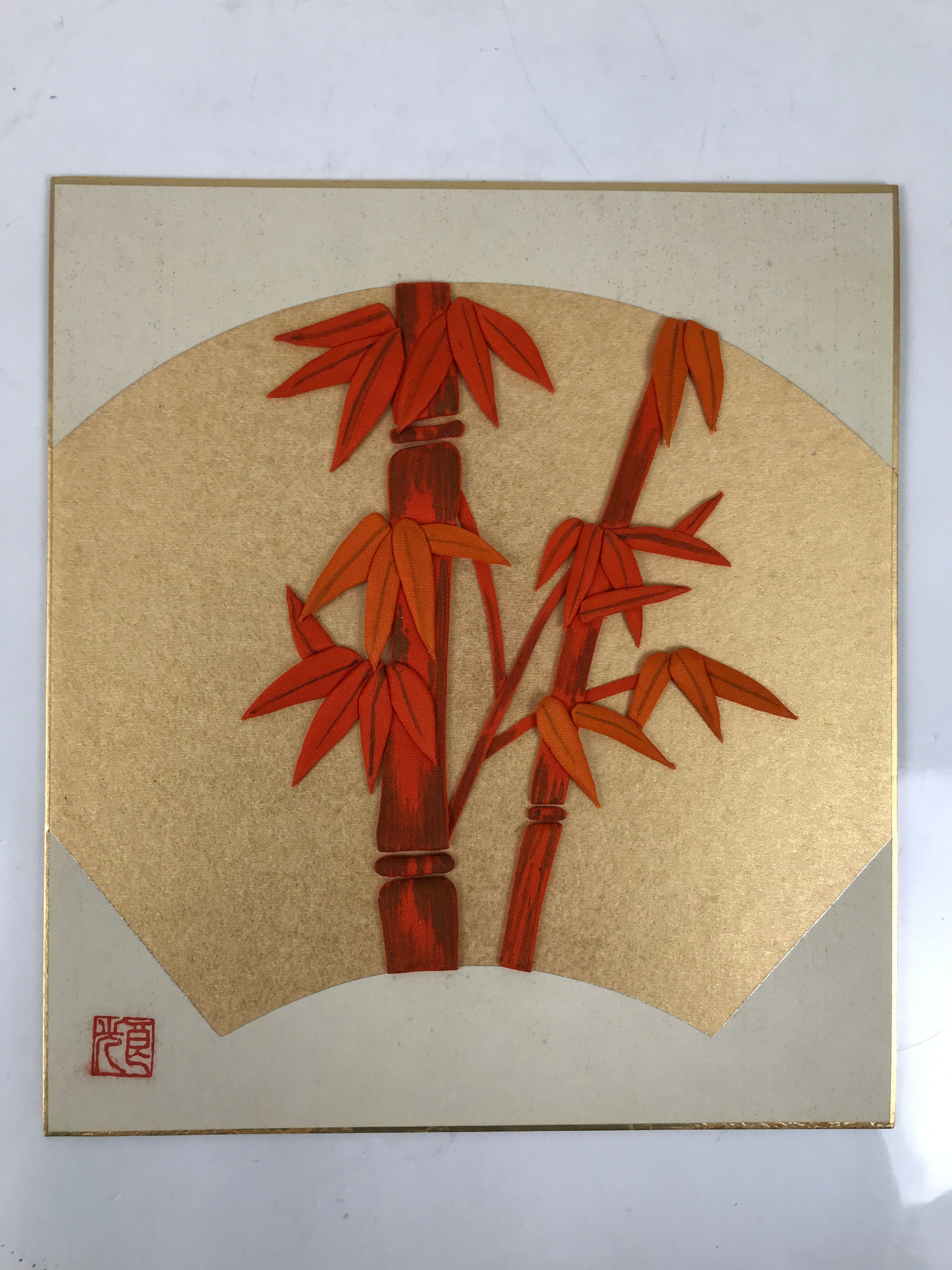 Japanese Shikishi Art Board Oshie Fabric Vtg Bamboo Leaves Orange