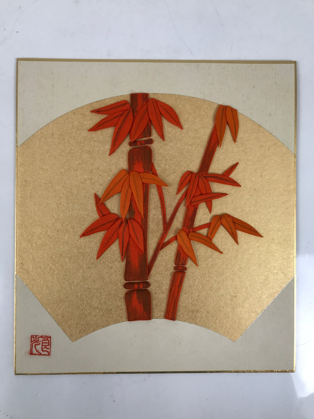 Japanese Shikishi Art Board Oshie Fabric Vtg Bamboo Leaves Orange Gold A692