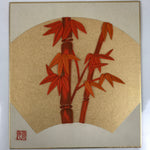 Japanese Shikishi Art Board Oshie Fabric Vtg Bamboo Leaves Orange Gold A692