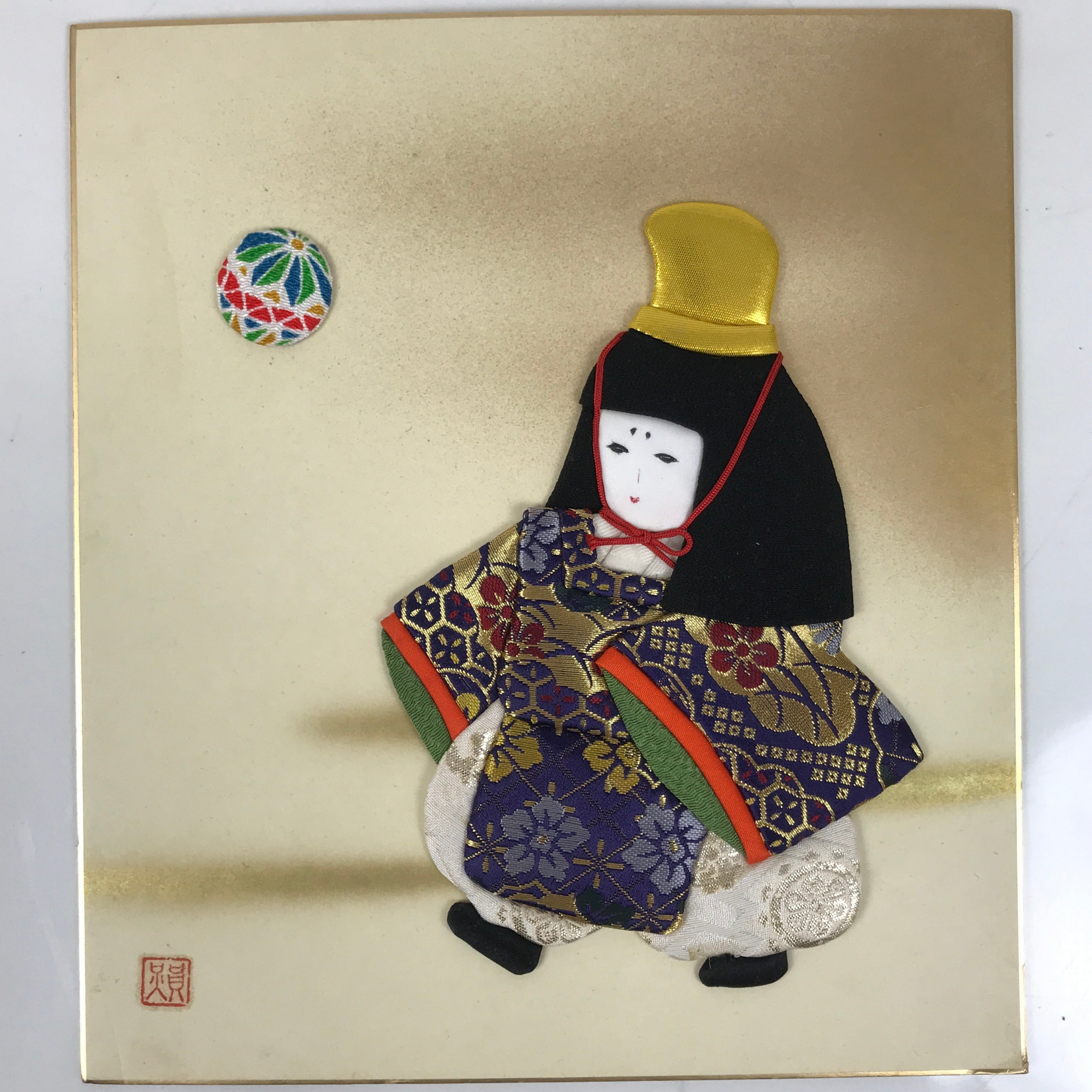 Japanese Shikishi Art Board Oshie Fabric Vtg Kimono Court Silk