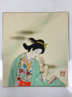 Japanese Shikishi Art Board Oshie Fabric Vtg Kimono Woman Geisha Floral A693