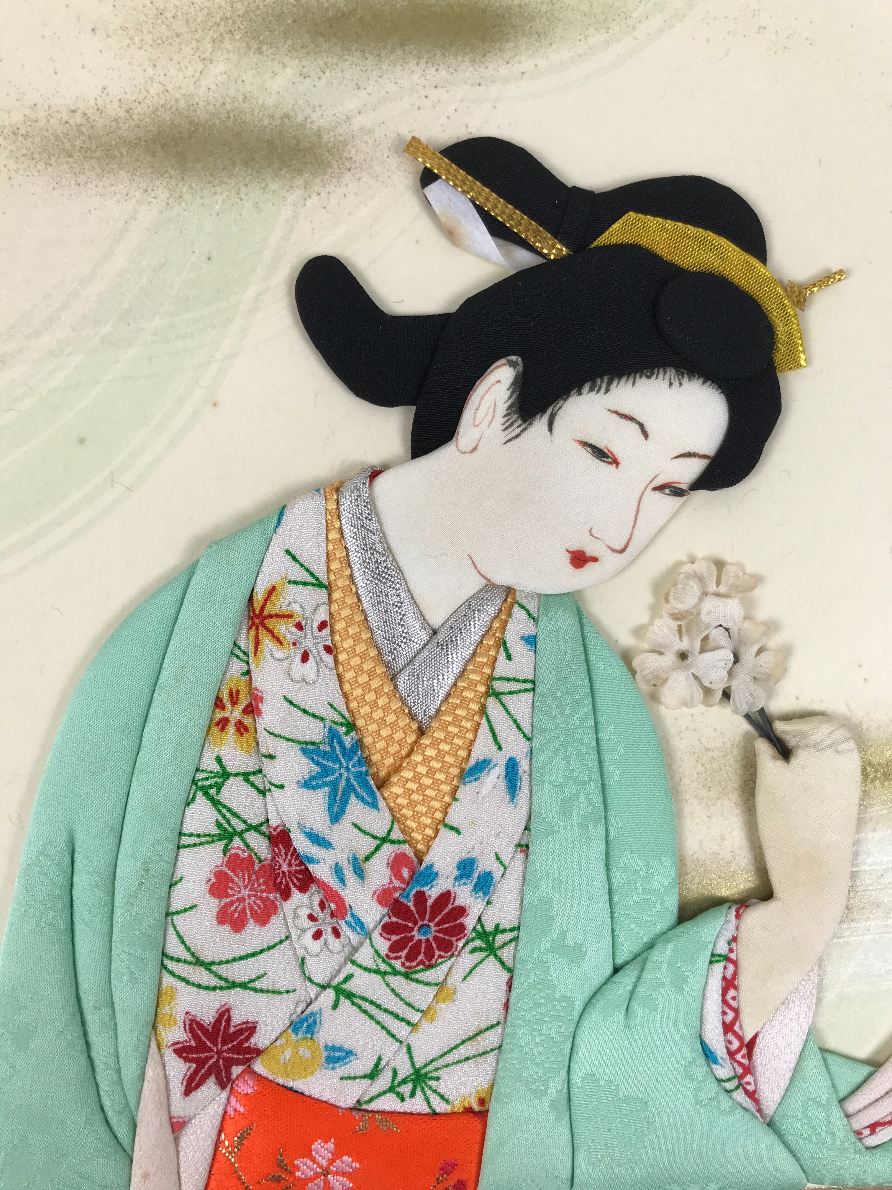 Japanese Shikishi Art Board Oshie Fabric Vtg Kimono Woman Geisha Floral A693