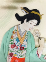 Japanese Shikishi Art Board Oshie Fabric Vtg Kimono Woman Geisha Floral A693