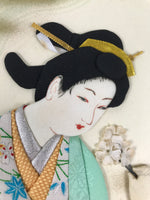 Japanese Shikishi Art Board Oshie Fabric Vtg Kimono Woman Geisha Floral A693