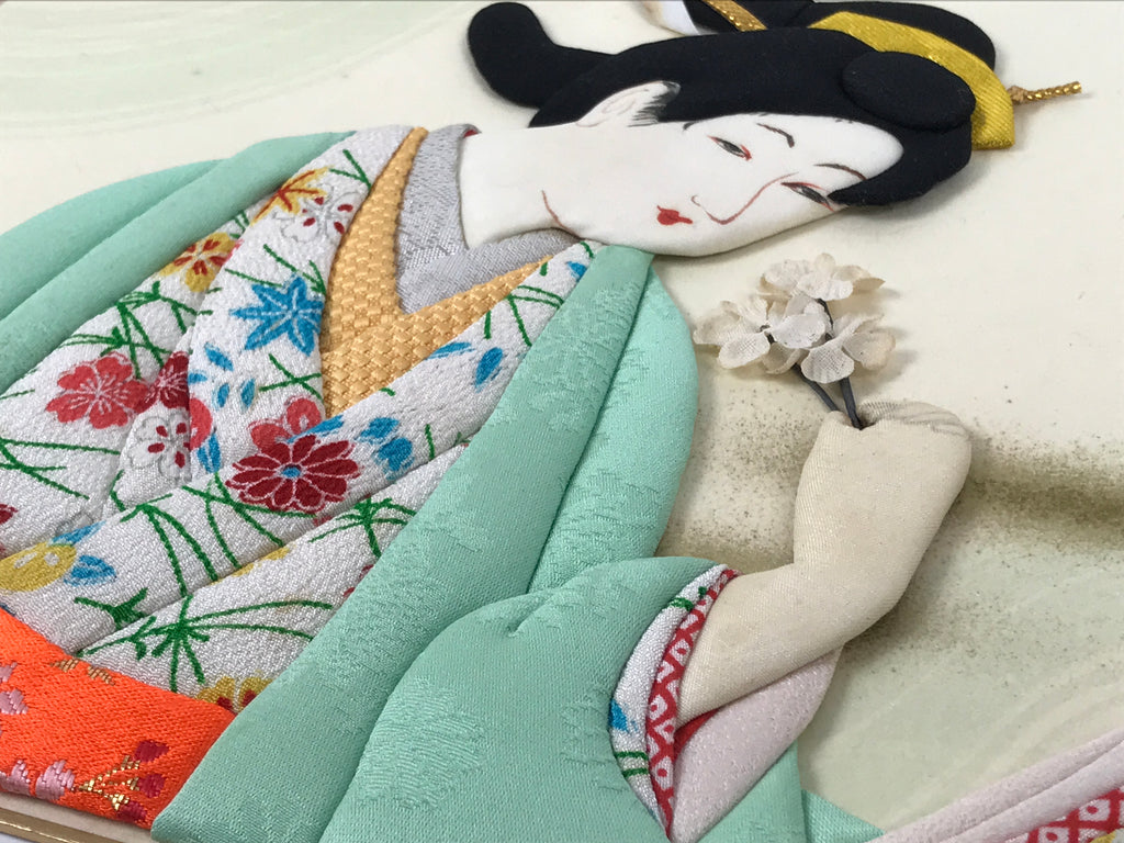 Japanese Shikishi Art Board Oshie Fabric Vtg Kimono Woman Geisha Floral A693