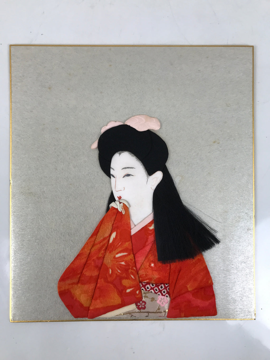 Japanese Shikishi Art Board Oshie Fabric Vtg Kimono Woman Orange Black A694