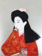 Japanese Shikishi Art Board Oshie Fabric Vtg Kimono Woman Orange Black A694