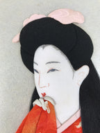 Japanese Shikishi Art Board Oshie Fabric Vtg Kimono Woman Orange Black A694