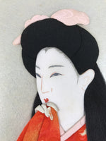 Japanese Shikishi Art Board Oshie Fabric Vtg Kimono Woman Orange Black A694