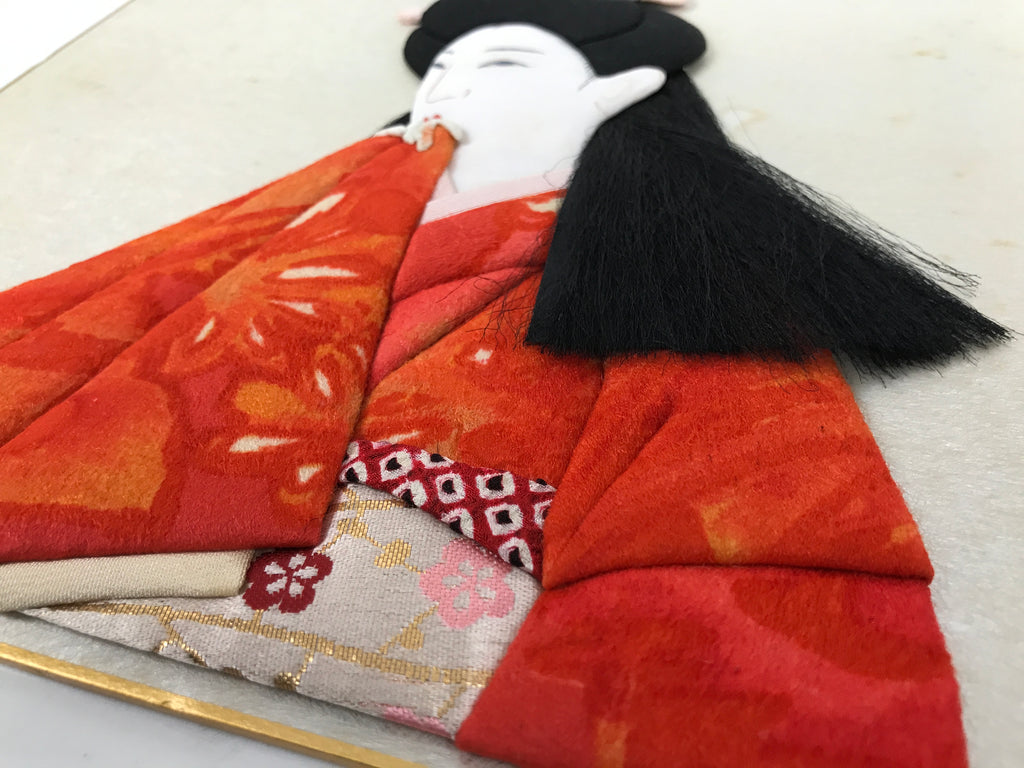 Japanese Shikishi Art Board Oshie Fabric Vtg Kimono Woman Orange Black A694