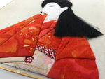 Japanese Shikishi Art Board Oshie Fabric Vtg Kimono Woman Orange Black A694