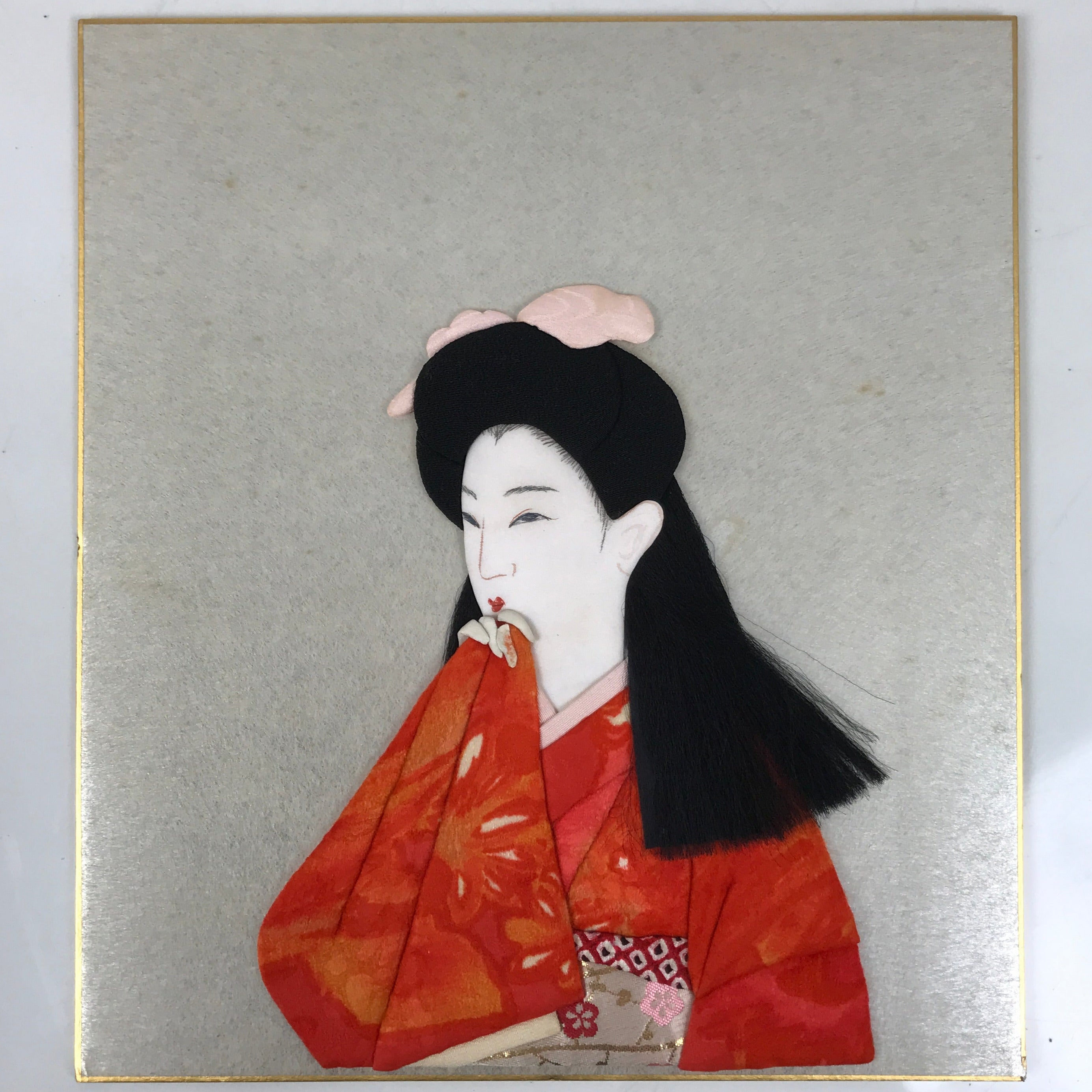 Japanese Shikishi Art Board Oshie Fabric Vtg Kimono Woman Orange Black A694