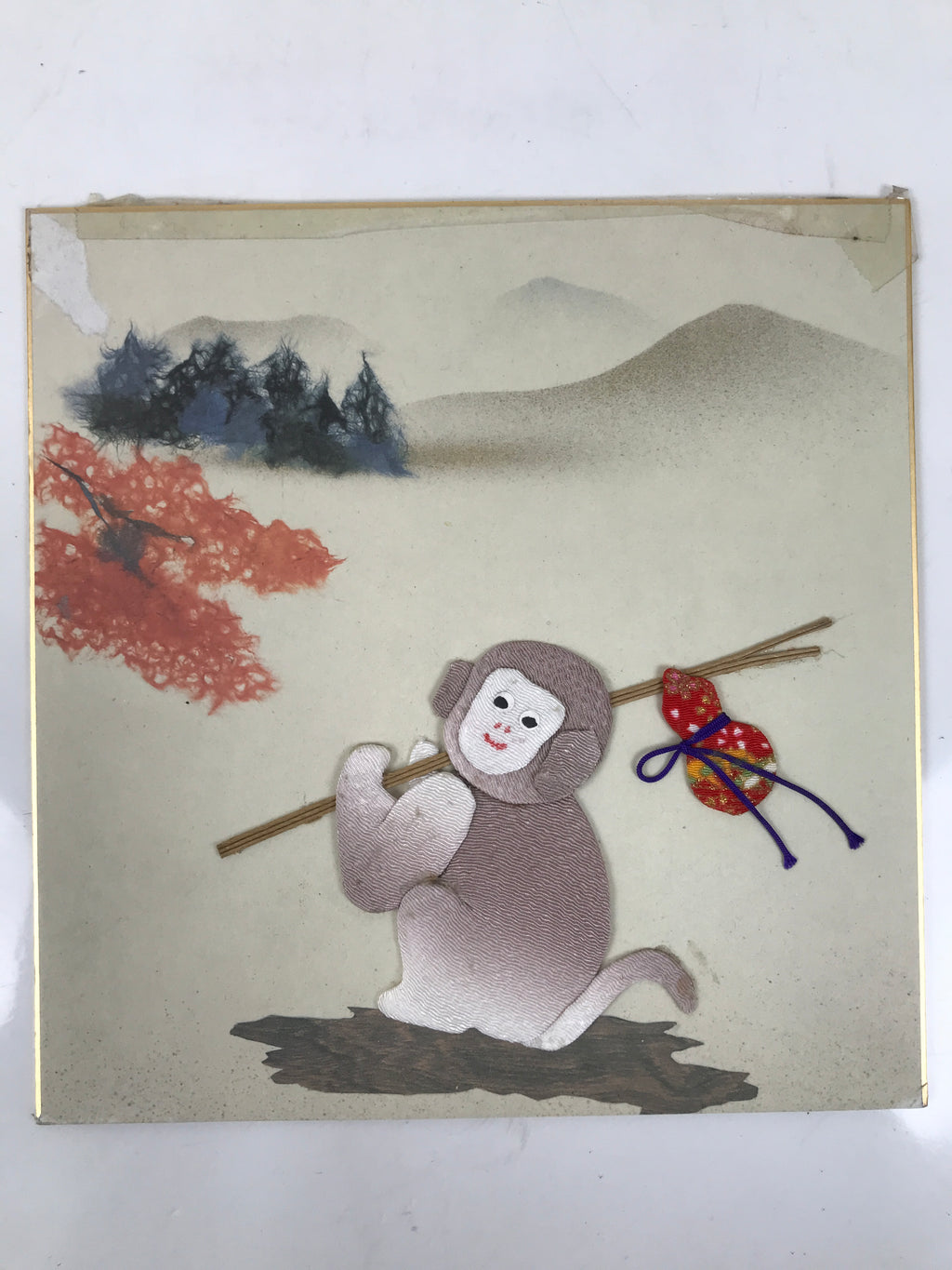 Japanese Shikishi Art Board Oshie Fabric Vtg Monkey Travel Bag Zodiac A698