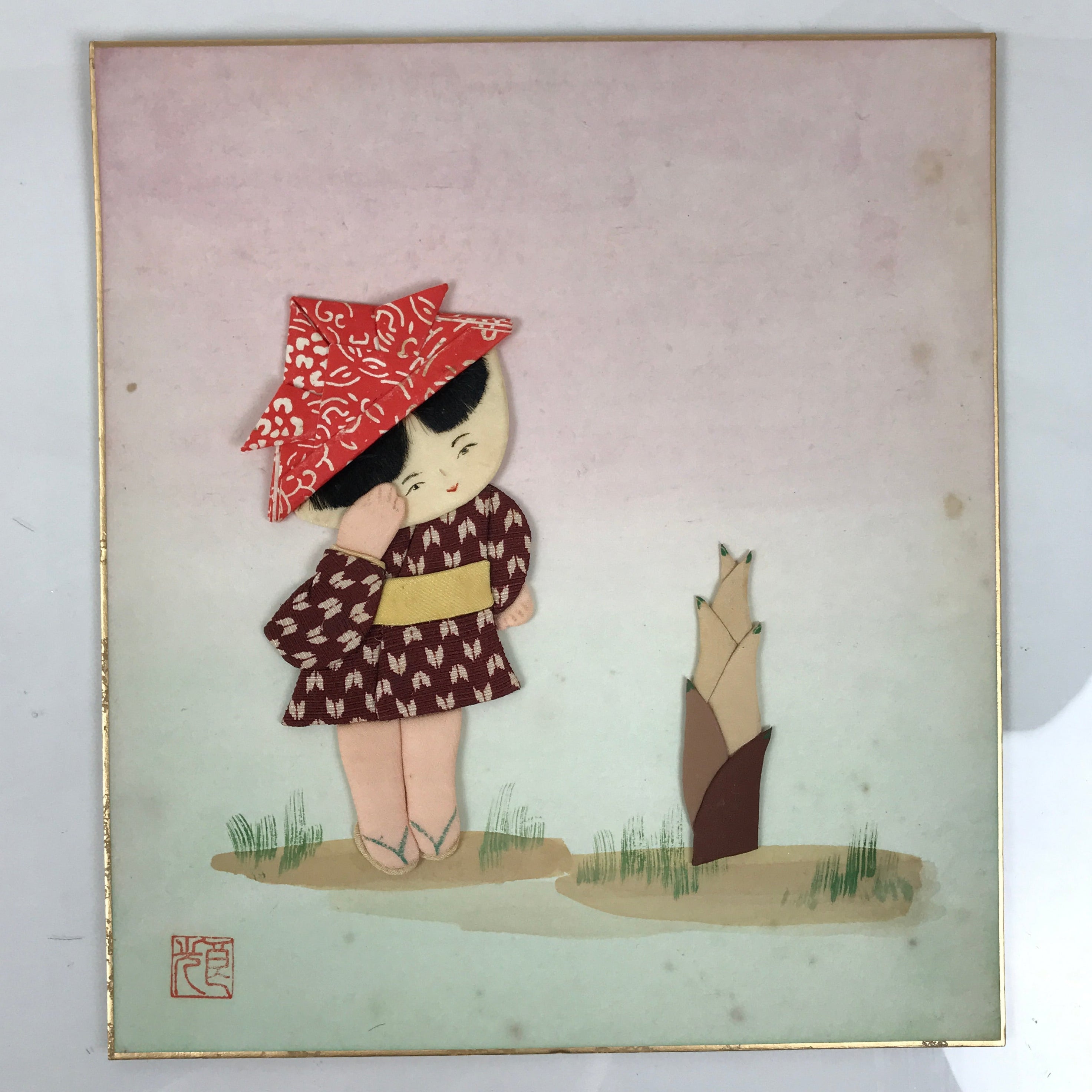 Japanese Shikishi Art Board Oshie Silk Fabric Child Takenoko Bamboo Shoot A791