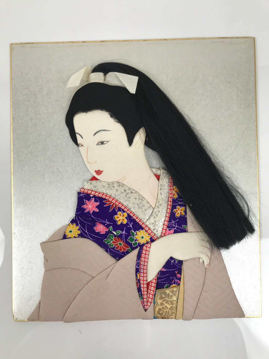 Japanese Shikishi Art Board Oshie Silk Fabric Kimono Woman Geisha Long Hair A781