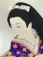 Japanese Shikishi Art Board Oshie Silk Fabric Kimono Woman Geisha Long Hair A781