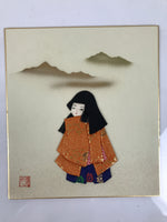 Japanese Shikishi Art Board Oshie Silk Fabric Kimono Woman Geisha Long Hair A787