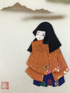 Japanese Shikishi Art Board Oshie Silk Fabric Kimono Woman Geisha Long Hair A787
