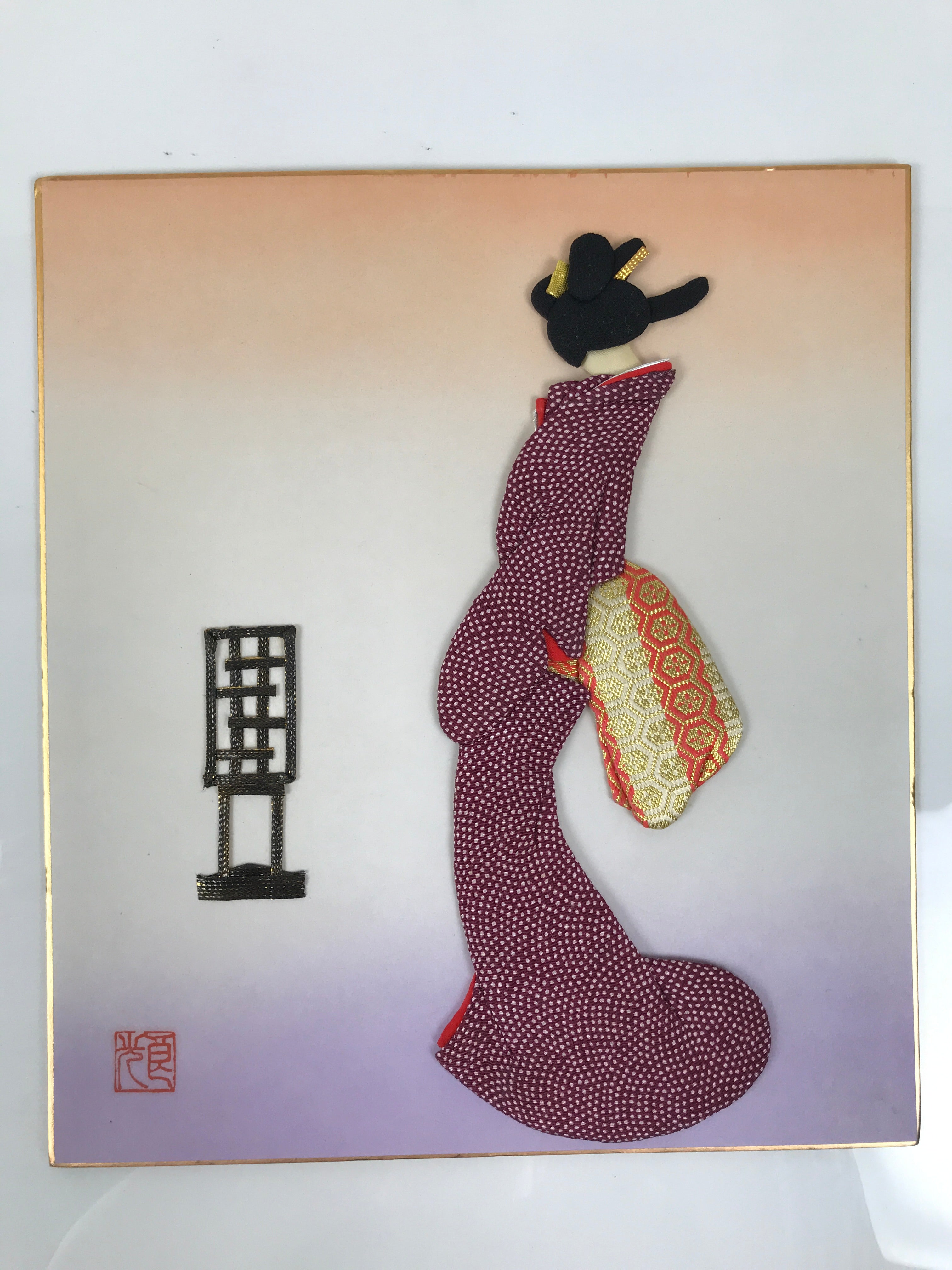 Japanese Shikishi Art Board Oshie Silk Fabric Kimono Woman Geisha Purple A776