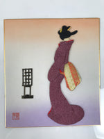 Japanese Shikishi Art Board Oshie Silk Fabric Kimono Woman Geisha Purple A776
