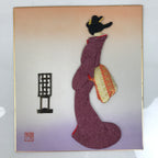 Japanese Shikishi Art Board Oshie Silk Fabric Kimono Woman Geisha Purple A776