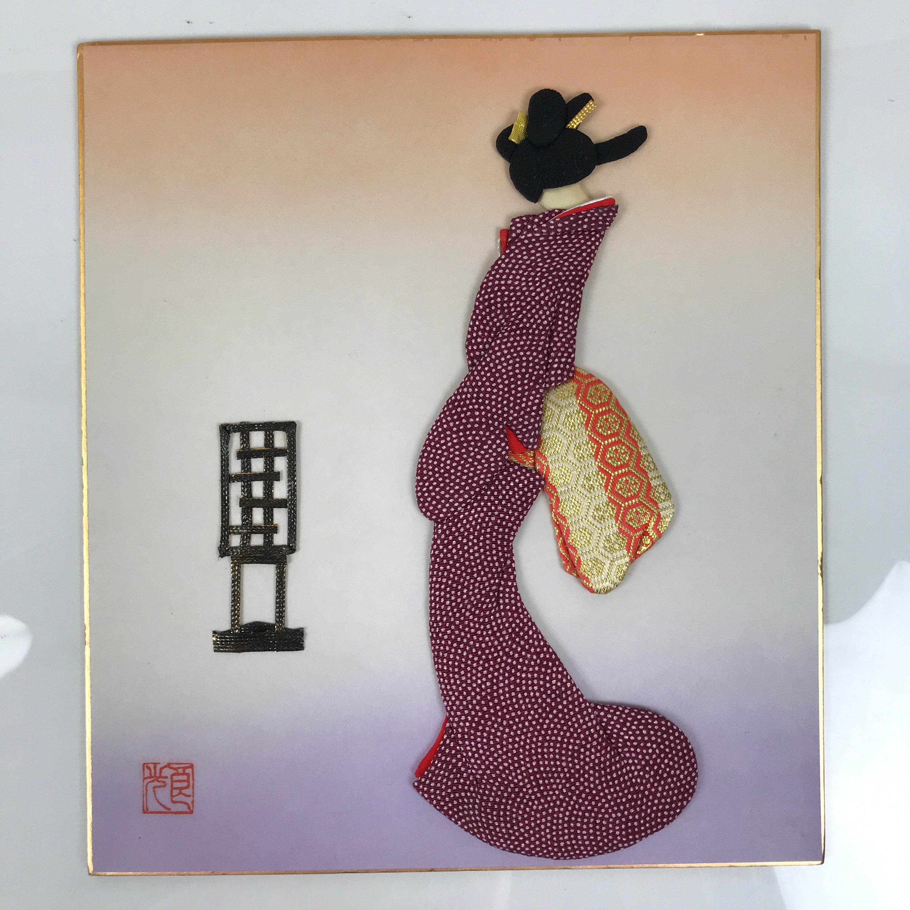 Japanese Shikishi Art Board Oshie Silk Fabric Kimono Woman Geisha Purple A776
