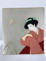 Japanese Shikishi Art Board Oshie Silk Fabric Kimono Woman Geisha Red Moon A796