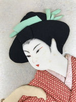 Japanese Shikishi Art Board Oshie Silk Fabric Kimono Woman Geisha Red Moon A796