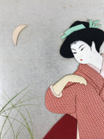Japanese Shikishi Art Board Oshie Silk Fabric Kimono Woman Geisha Red Moon A796