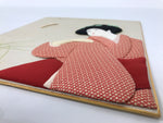 Japanese Shikishi Art Board Oshie Silk Fabric Kimono Woman Geisha Red Moon A796
