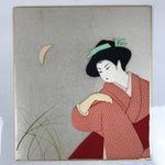 Japanese Shikishi Art Board Oshie Silk Fabric Kimono Woman Geisha Red Moon A796