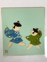Japanese Shikishi Art Board Oshie Silk Fabric Playing Children Blue Green A777